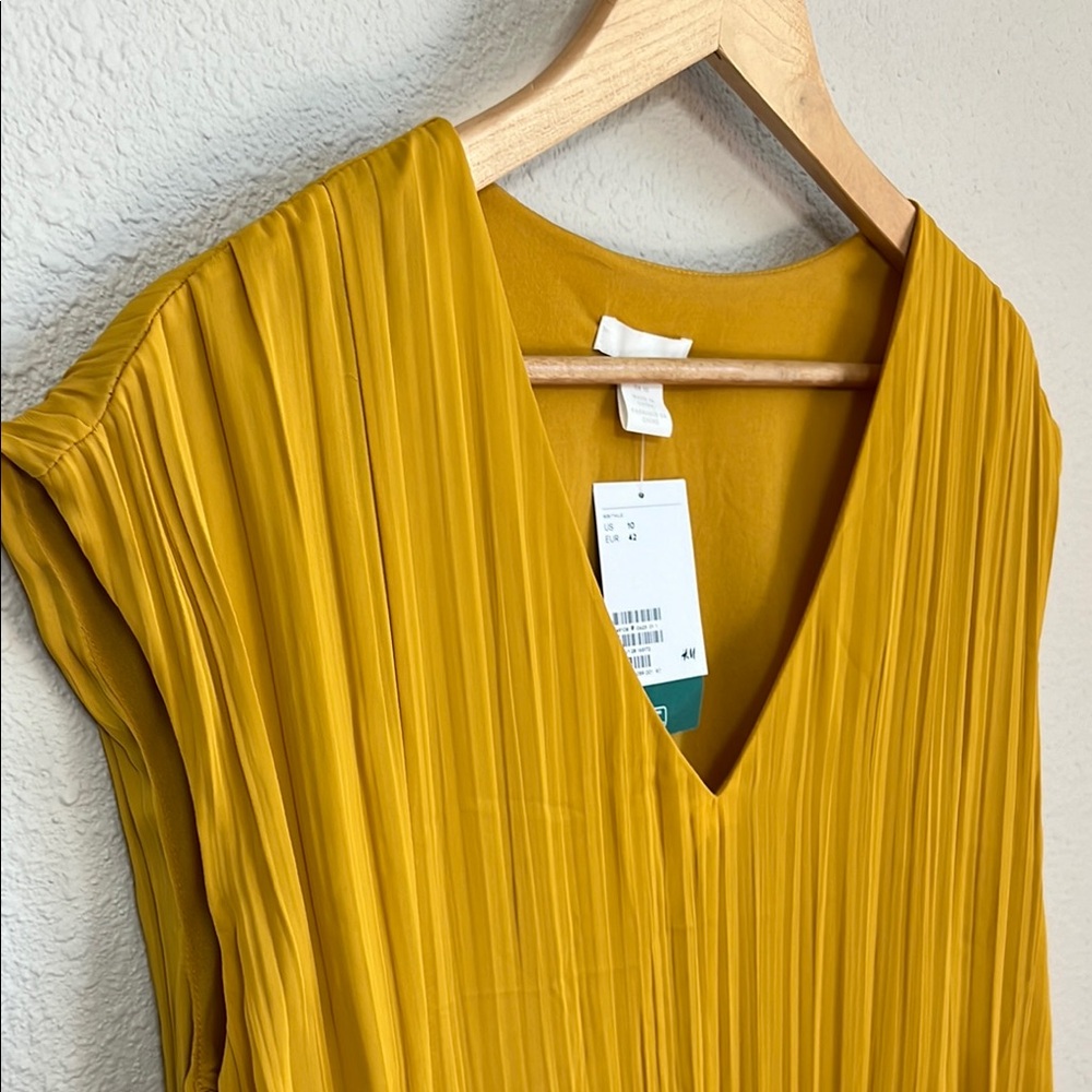 Mustard Yellow Pleated V-Neck Dress